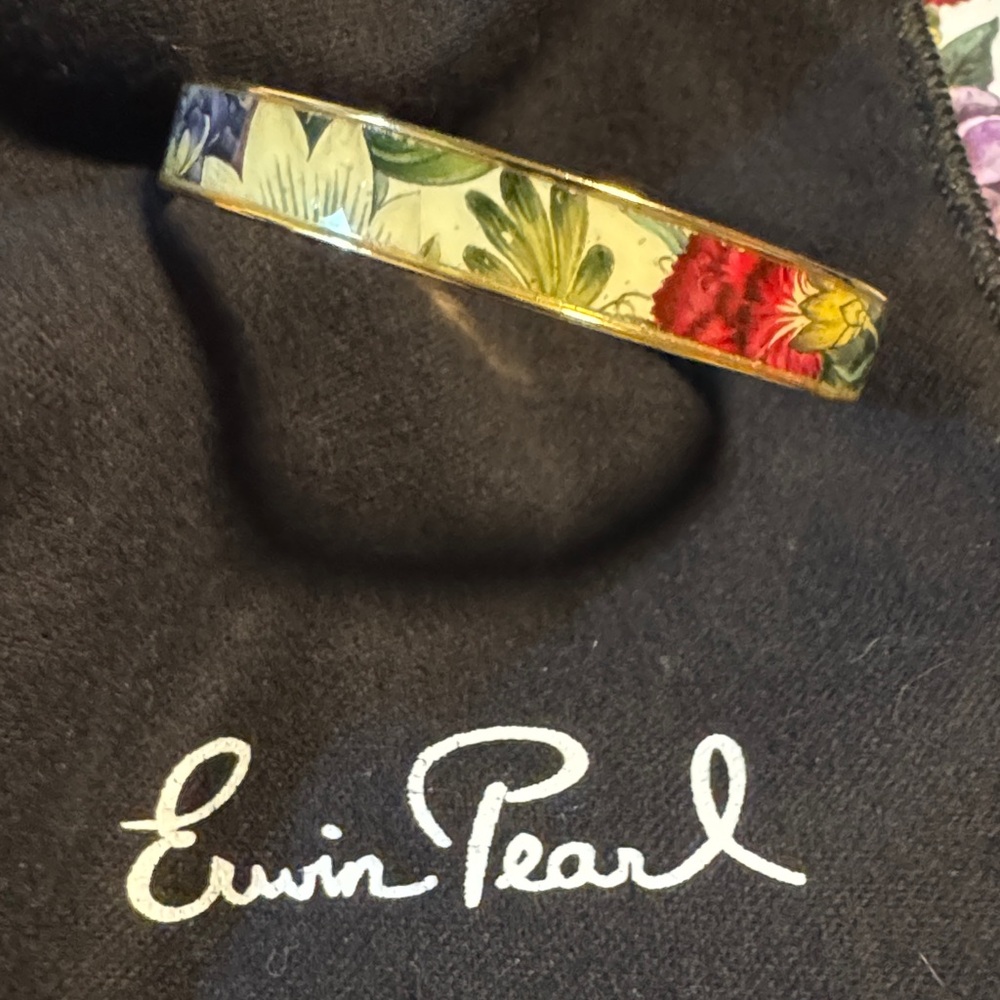 Erwin Pearl Bangle Cuff Bracelet NY Botanical Garden Gold Plated Enamel Floral